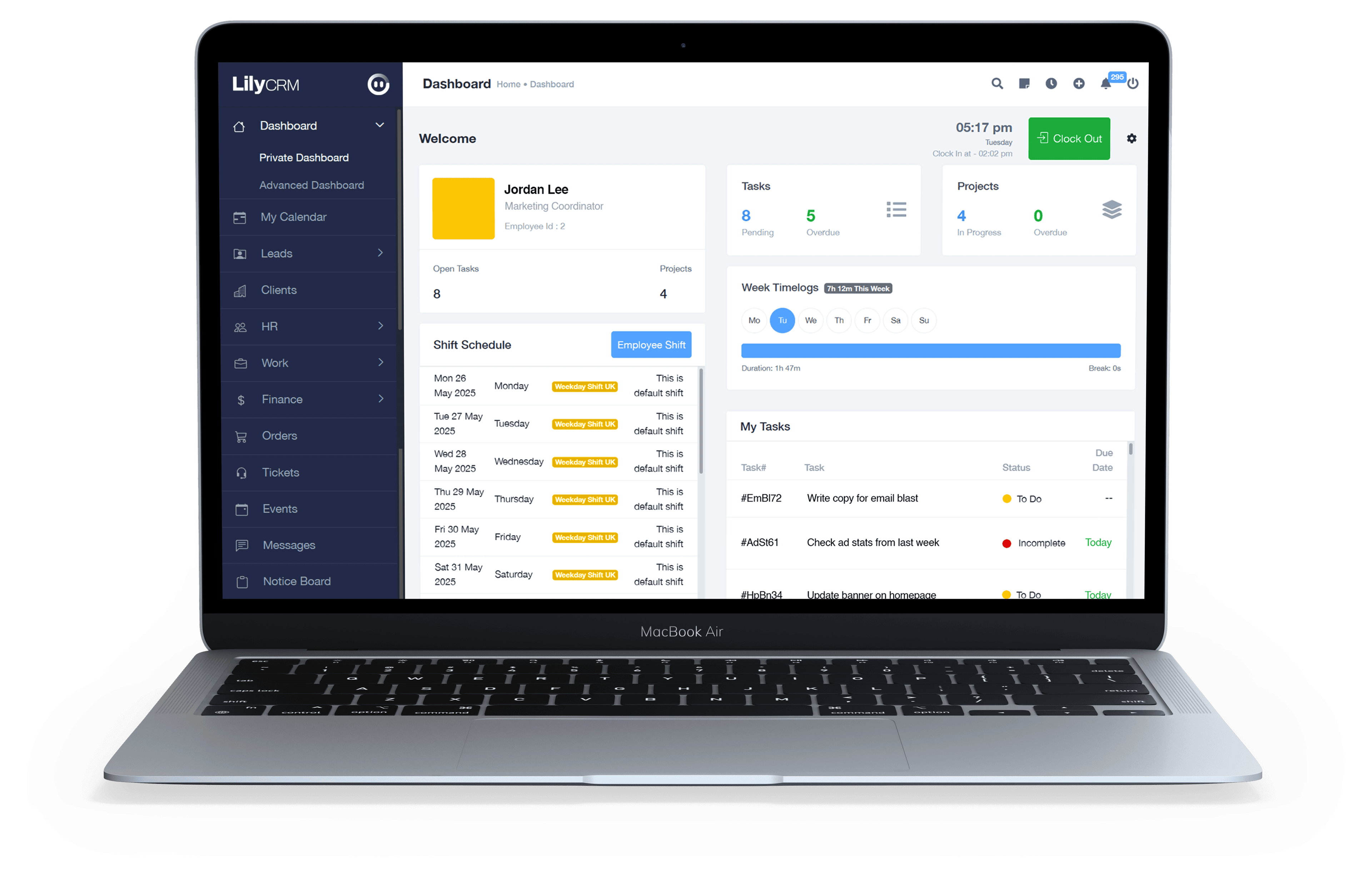 LilyCRM all-in-one workspace showing integrated project management, time tracking, client management, and team collaboration features